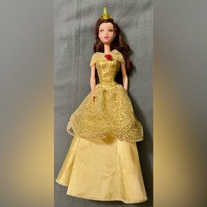 DISNEY- PRINCESS BELLE BARBIE DOLL - Shimmery Dress with Red Rose Detail -Mattel